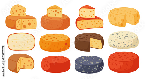 Variety of cheeses: different types and shapes in a flat cartoon style