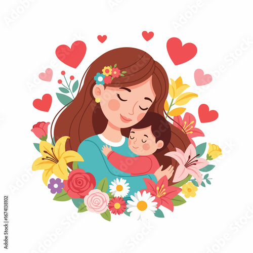 Mother and child embracing, surrounded by flowers and hearts, a heartwarming illustration.