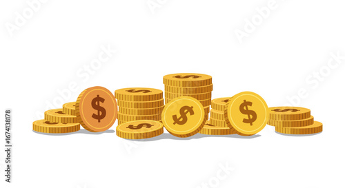 Flat style gold coins with dollar sign piled up in layers