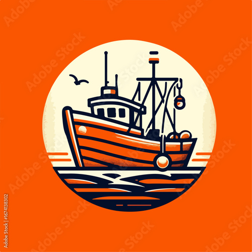 vector illustration of fishing boat on orange background