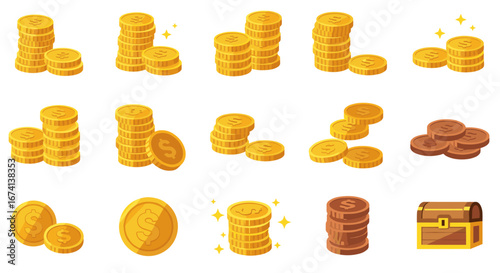 Gold coin collection with treasure chest in flat style