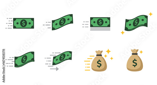 Dynamic money and bag icons with motion and sparkle effects