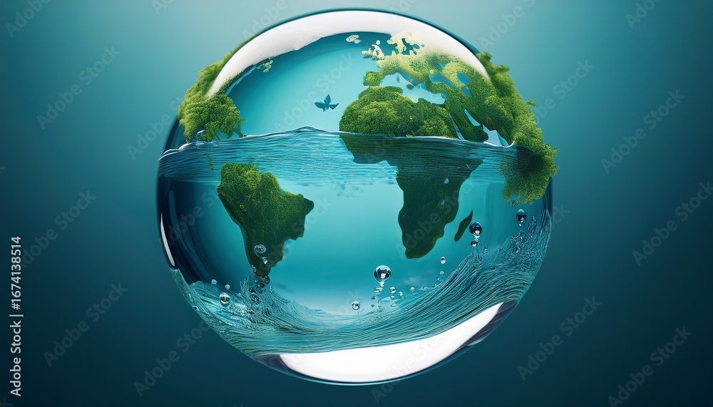 Fototapeta premium globe constructed from transparent water showing rivers lakes and oceans highlighting the importance of clean water