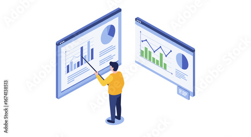 Businessman analyzing data on interactive screens with charts in isometric design
