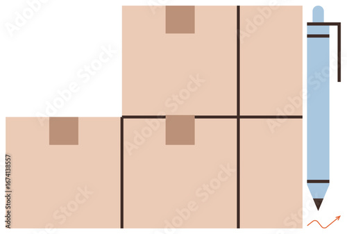 Cardboard boxes arranged in stacks, a blue pen beside them, and a small growth arrow. Ideal for logistics, shipping, inventory, supply chain, packaging management success. Simple flat metaphor