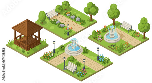 Charming isometric park scenes with benches, gazebo, and fountains