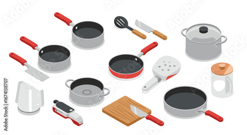 Modern kitchen cooking utensils in isometric style with red accents for culinary enthusiasts