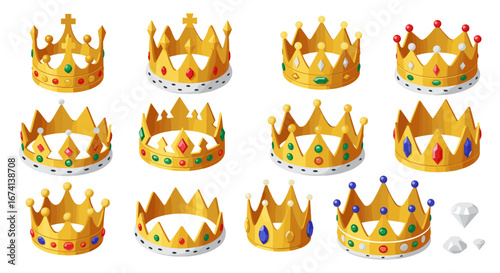 Collection of isometric golden crowns with jewels and gemstones