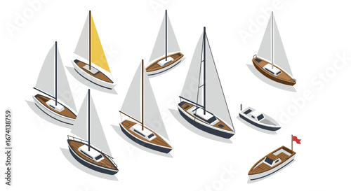 Isometric sailing boats with shadows on white background
