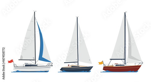 Flat style nautical yacht collection with colorful sails on a white background