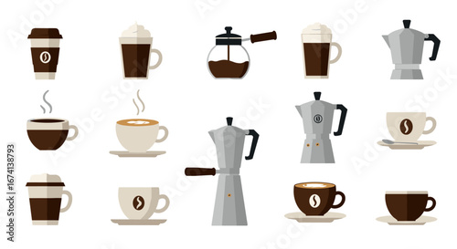 Flat style coffee icons featuring cups, mugs, pots, and coffee beans for cafe designs