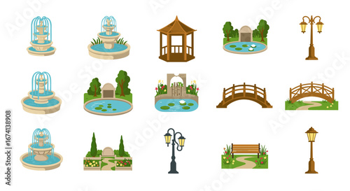 Elegant garden elements: fountains, gazebos, and bridges collection