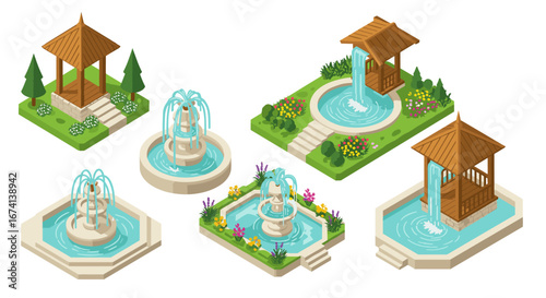 Isometric garden fountains and gazebos with waterfalls and flowers