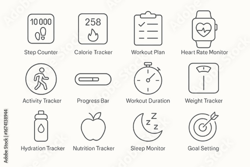 A set of minimalist fitness icons, including symbols for a step counter, heart rate monitor, workout plan, and weight tracker