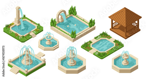Isometric garden fountains and gazebo collection for landscape design