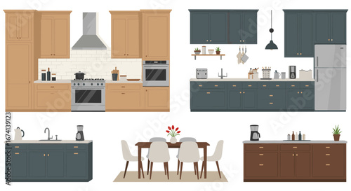 Modern minimalist kitchen designs featuring cabinets, appliances, and dining set