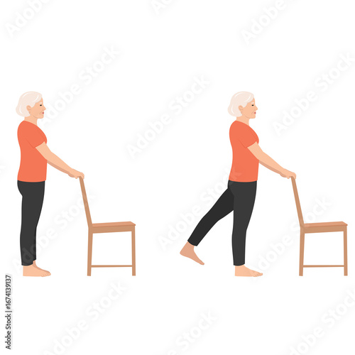 Photos Elderly woman performing leg exercises holding onto a chair for support demonstr