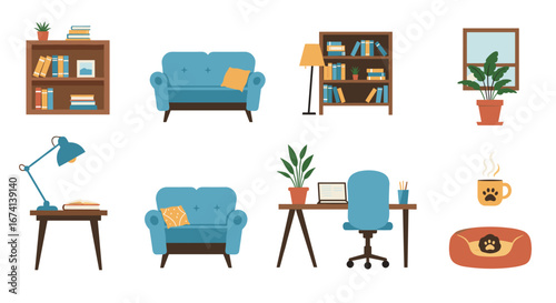 Cozy home study room with sofa and desk elements in flat style