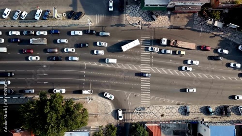 High Angle shot of Downtown during rush hour with cars in traffic jams. Traffic in city from elevated point of view. Traffic jam on road with many car.
