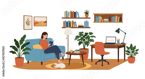 Cozy home office with reading nook in minimalist design