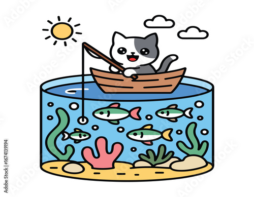 Cute and funny cartoon cat playing with a mouse, fish, and a gift vector illustration