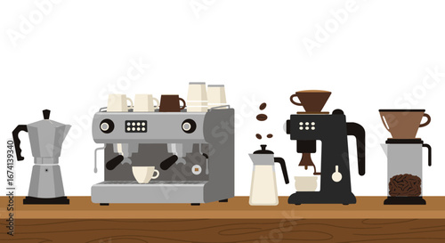 Coffee brewing essentials: espresso machines, drip brewers, and moka pot illustration