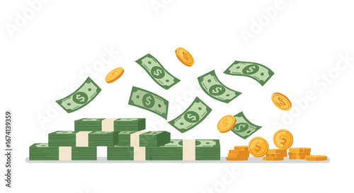 Flying money and coins in motion with bundled cash on white background