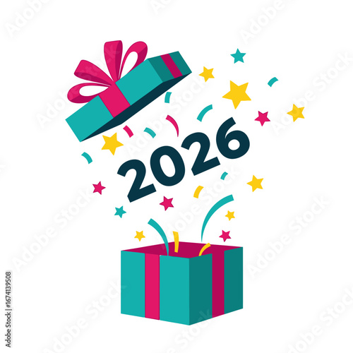 Festive 2026 Celebration with Gift Box and Confetti Explosion