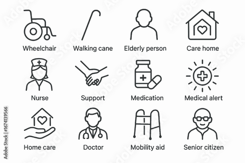 A set of minimalist elderly care icons, including symbols for a wheelchair, walking cane, nurse, doctor, and medication