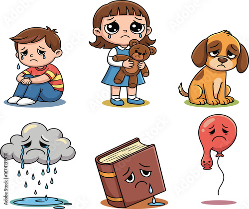 Sad cartoon characters, crying boy, sorrowful girl, emotional puppy, crying cloud, sad book, deflated balloon, kids emotion, expressive faces