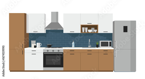 Modern flat style kitchen interior with appliances and wooden cabinets