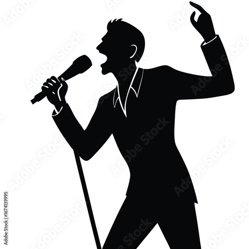 Silhouette of a man singing into a microphone performance