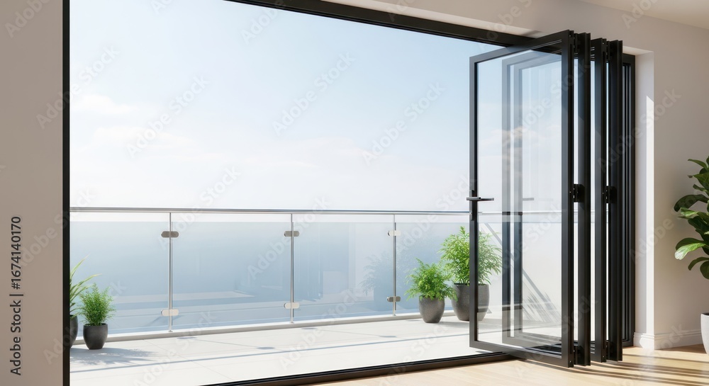 Obraz premium Open folding doors to balcony with ocean view on a bright day