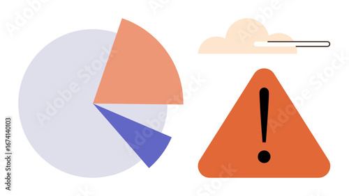Pie chart showcasing divided data, warning triangle with exclamation mark, progress bar in cloud. Ideal for analytics, risks, statistics, monitoring, planning forecasting evaluation. Simple flat