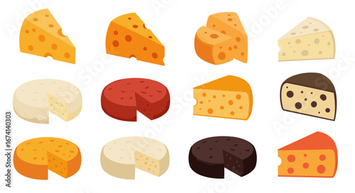 Variety of cartoon cheese slices and wheels with different textures and colors