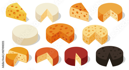 Variety of cheese wheels: isometric style collection with different colors and textures