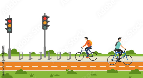 Urban cycling scene with traffic lights and cyclists on pathway