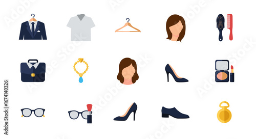Flat style fashion icons: clothing, accessories, grooming essentials for men and women