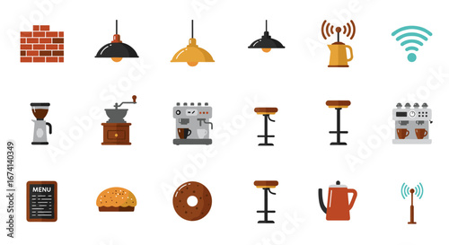 Modern coffee shop elements: equipment, furniture, and wireless connectivity