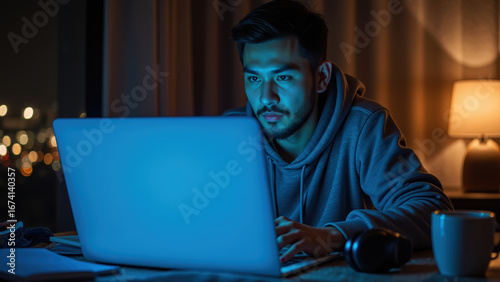 Focused young man works late at night on laptop, illuminated by screen blue light, creating calm yet intense atmosphere