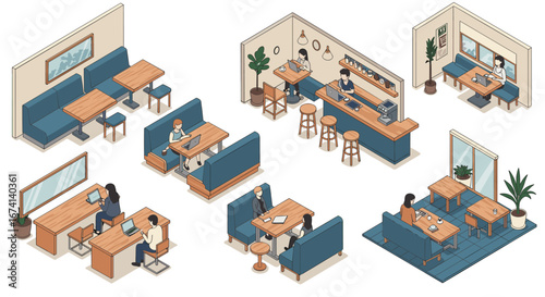 Cozy isometric cafe scenes with customers and baristas in modern interiors