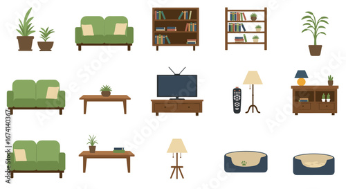 Cozy living room essentials with green sofas, shelves, and potted plants in a flat style