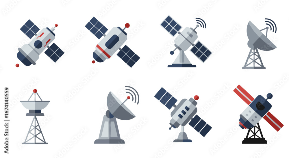 Obraz premium Set of flat style satellites and antennas with wireless signals