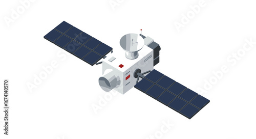 Isometric satellite with solar panels in space on white background