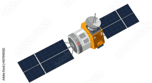 Isometric satellite design with solar panels and antenna in space