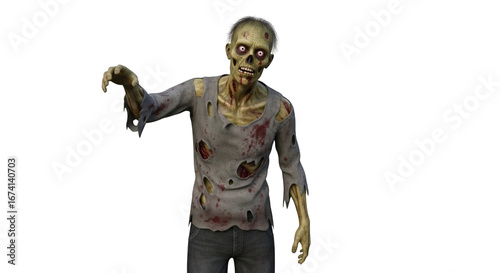 Creepy zombie with tattered clothes against a dark eerie background