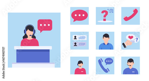 Customer support icons set with flat design featuring operators and communication tools