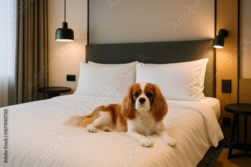 Cavalier King Charles Spaniel on White Bed in Minimalist Bedroom with Black Pendant Lights