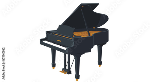 Elegant black grand piano with open lid in realistic 3d design