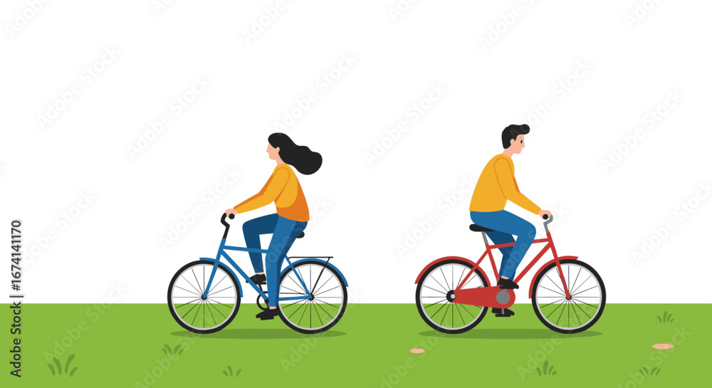 Fototapeta premium Couple riding bicycles outdoors on a sunny day in flat style